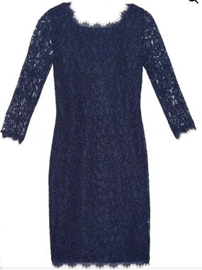 NWOT Diane Von Furstenberg Zarita Navy Blue Lace 3/4 Sleeve Dress